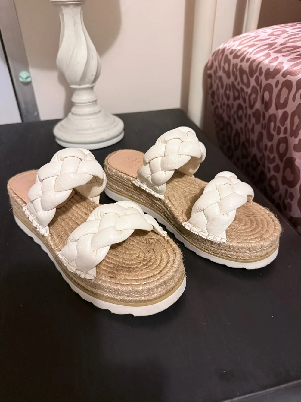 Braided Double-Strap Platform Sandals in Cream/White